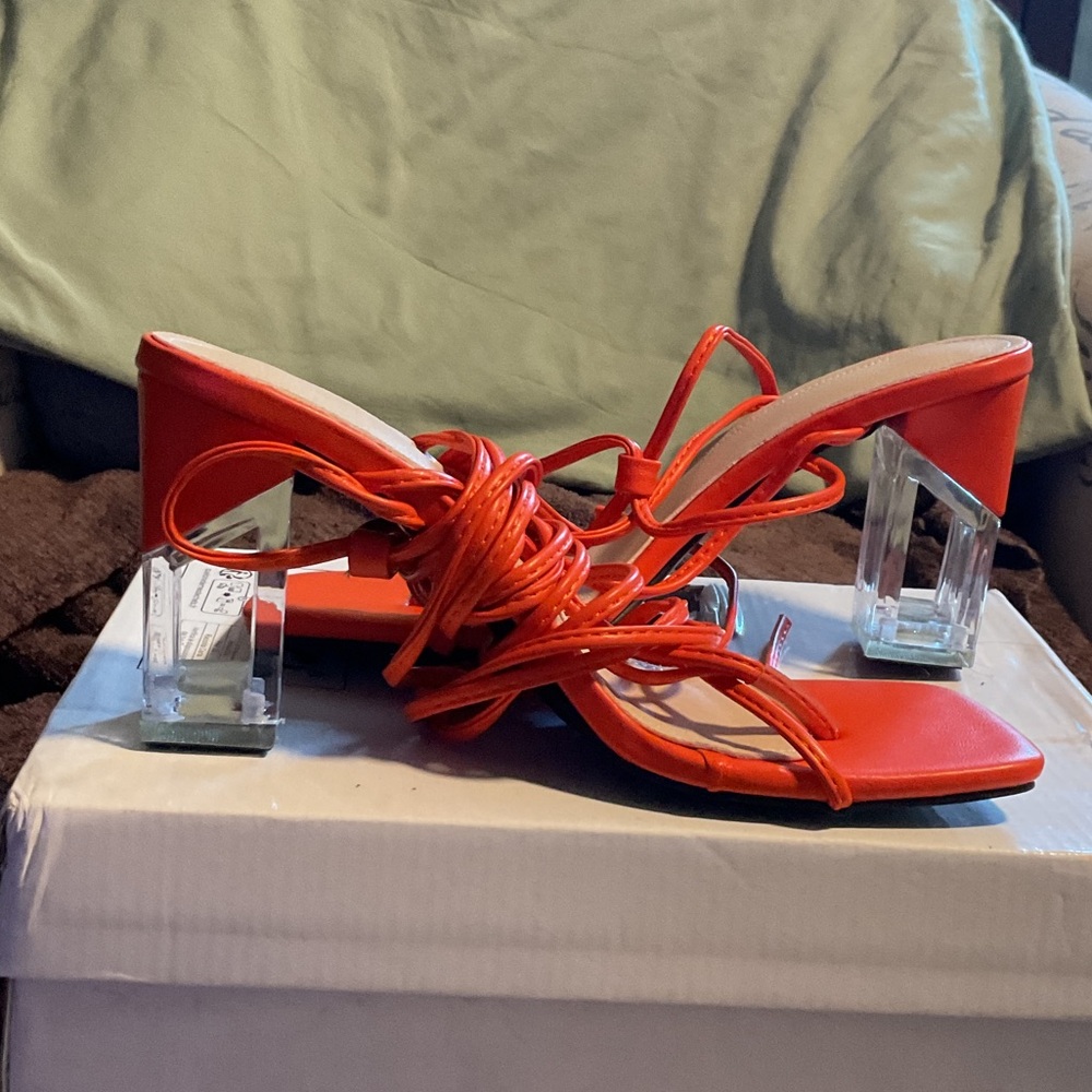 Chic Orange Women's Heels with Clear Block Heel